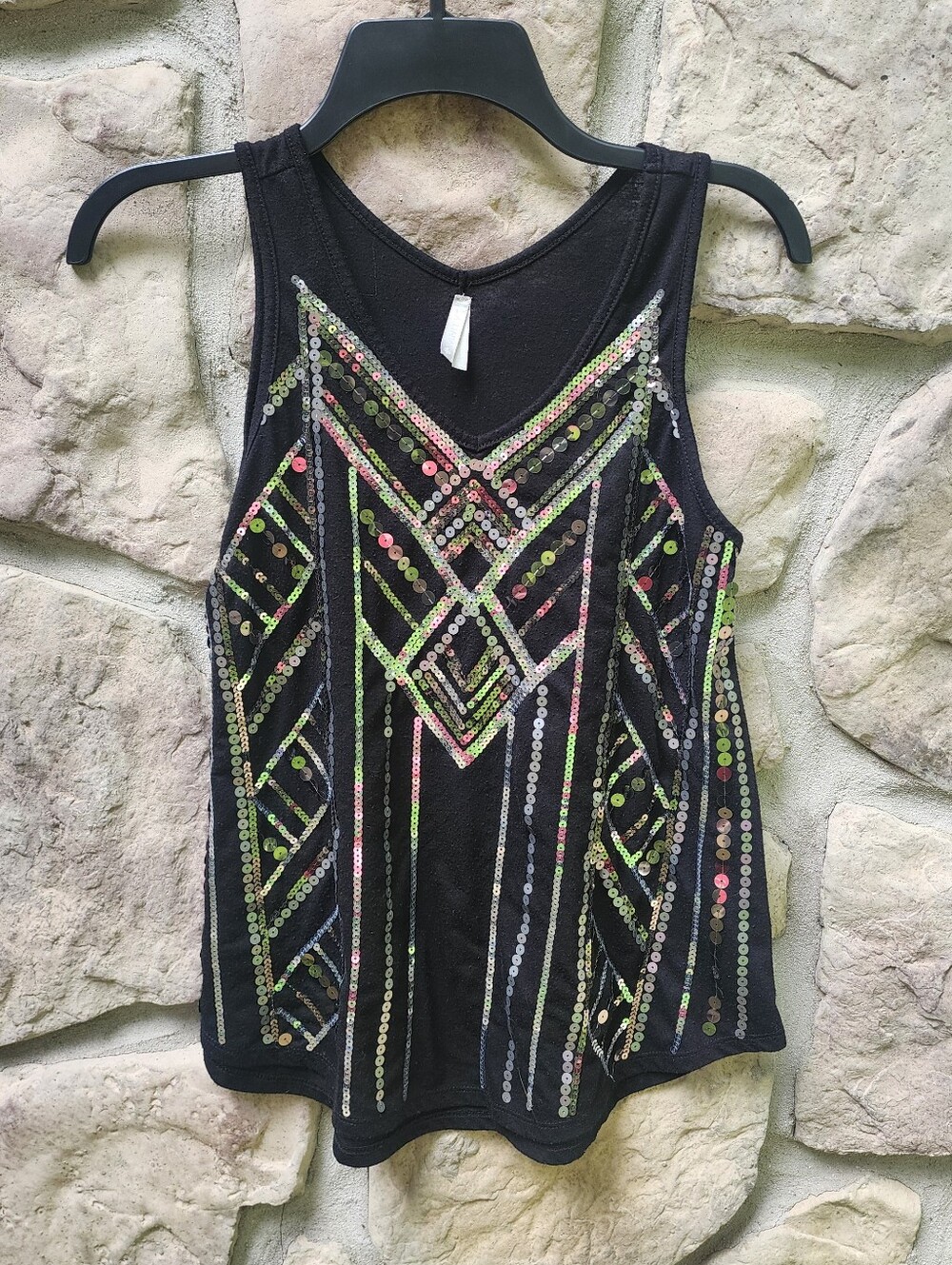 Vanity| Black Tank with SILVER Sequin Geo-Pattern Tank Top